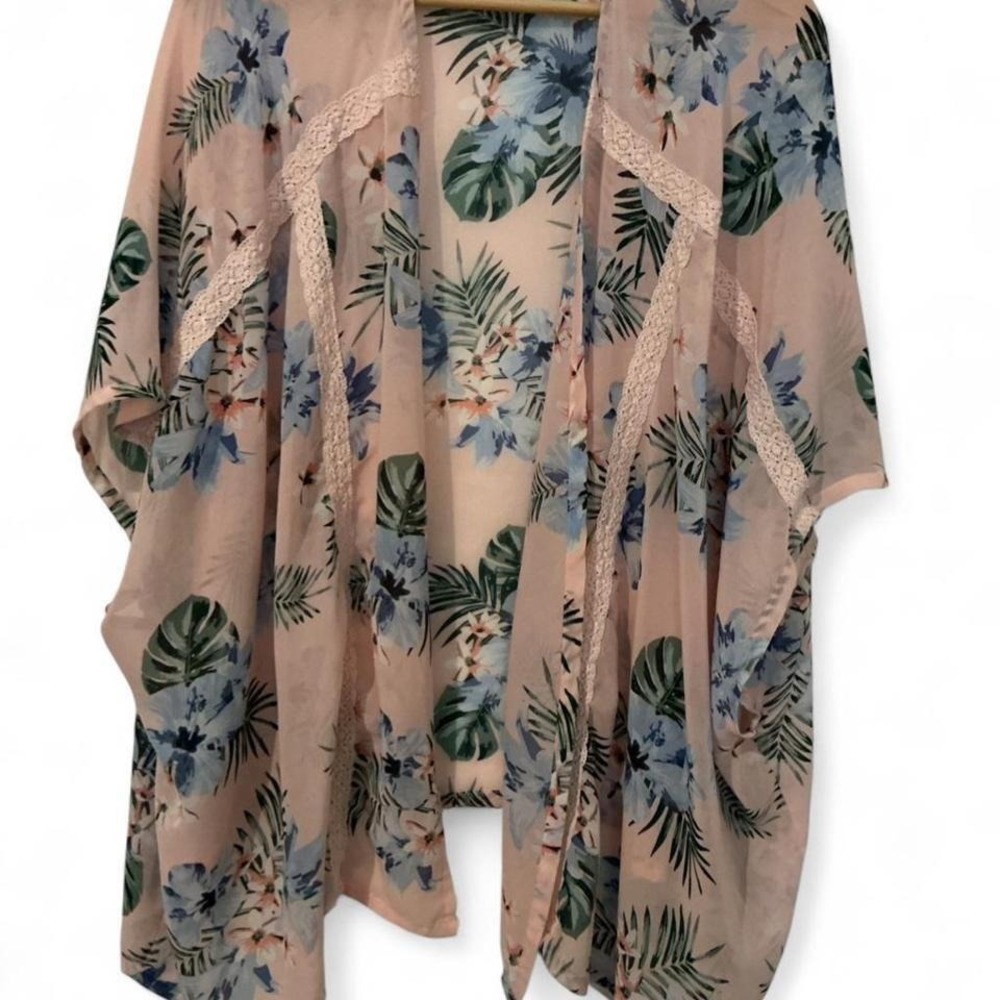 Moral Fiber Floral Kimono Cardigan Womens 3X Pink Tropical Lace Excellent